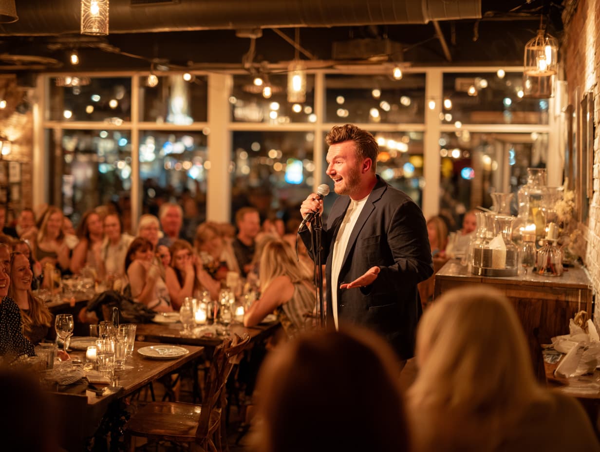 Komiker som berättar ett skämt på en populär stand up middag.