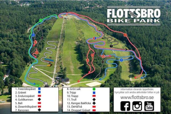 Karta över banorna på Flottsbro Bike Park downhill och XC-leder